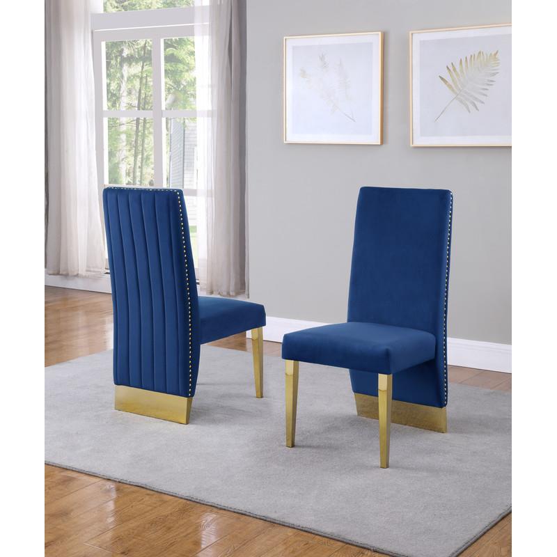 Navy Blue Tufted Velvet Accent Side Chairs with Gold Chrome Detailing (Set of 2)