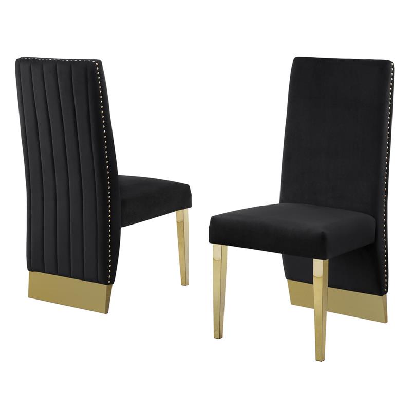 Black Tufted Velvet Accent Side Chairs with Gold Chrome Detailing (Set of 2)