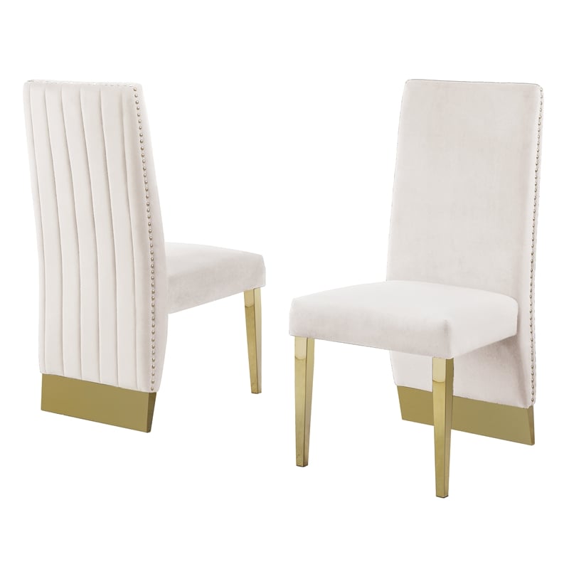 Cream Tufted Velvet Accent Side Chairs with Gold Chrome Detailing (Set of 2)