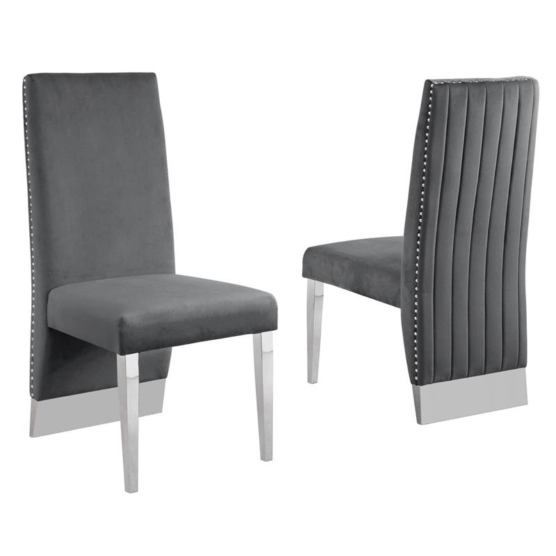Gray Tufted Velvet Accent Side Chairs with Silver Chrome Detailing (Set of 2)