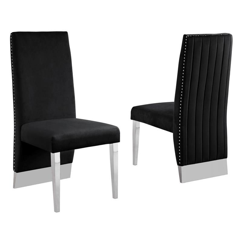 Black Tufted Velvet Accent Side Chairs with Silver Chrome Detailing (Set of 2)