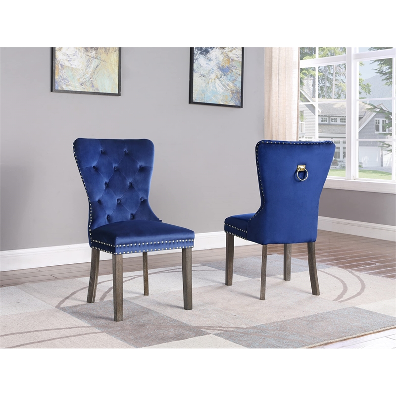 Modern Rustic Side Chairs in Navy Blue Velvet and Tufted Seats (Set of 2)