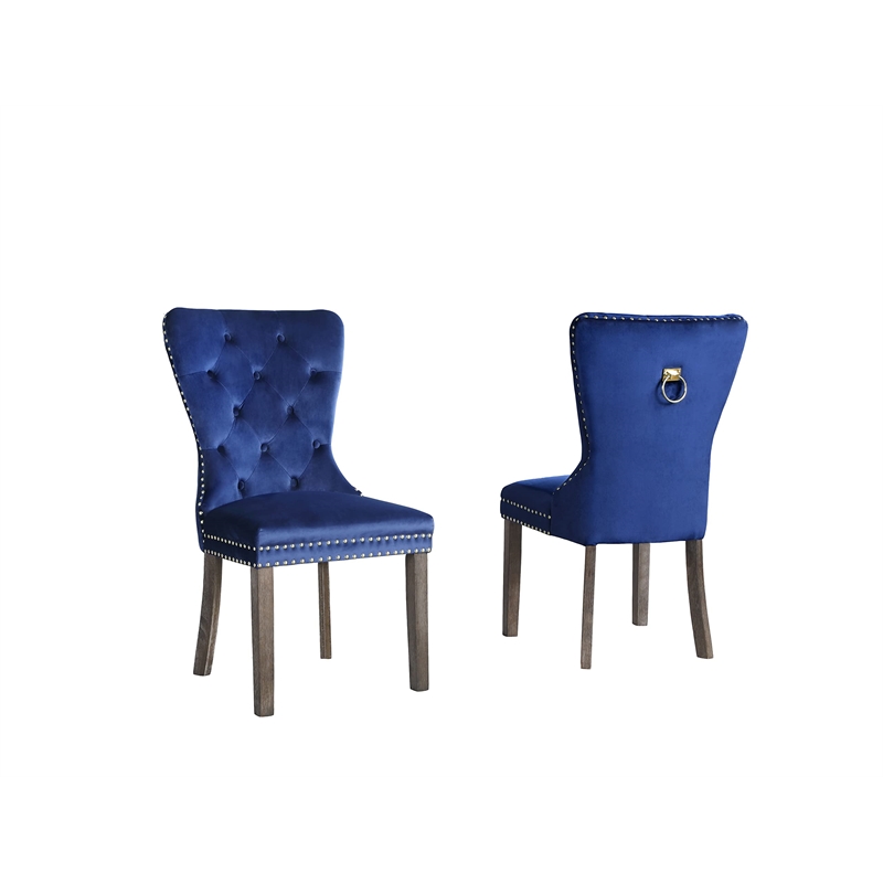 Modern Rustic Side Chairs in Navy Blue Velvet and Tufted Seats (Set of 2)