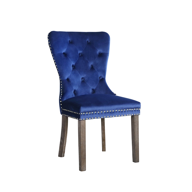 Modern Rustic Side Chairs in Navy Blue Velvet and Tufted Seats (Set of 2)