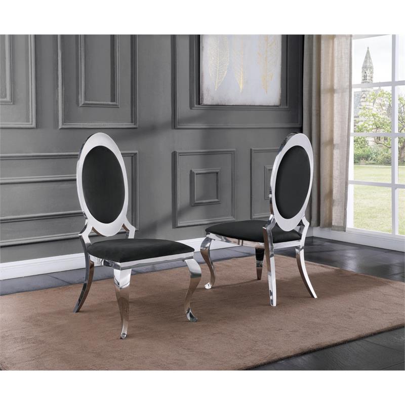 Classy Round Back Black Velvet Side Chairs with Silver Legs (Set of 2)