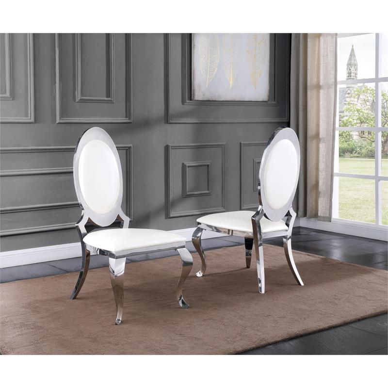 Classy Round Back White Faux Leather Side Chairs with Silver Legs (Set of 2)