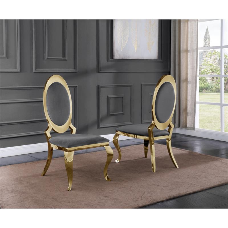 Classy Round Back Dark Gray Velvet Side Chairs with Gold Legs (Set of 2)