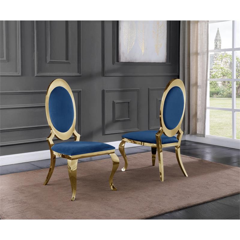 Classy Round Back Navy Blue Velvet Side Chairs with Gold Legs (Set of 2)