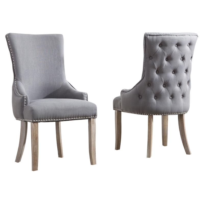 Tufted Rustic Linen Side Chairs in Gray with Wooden Gray Legs (Set of 2)