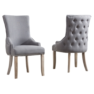 Tufted Rustic Linen Side Chairs in Gray with Wooden Gray Legs (Set of 2)