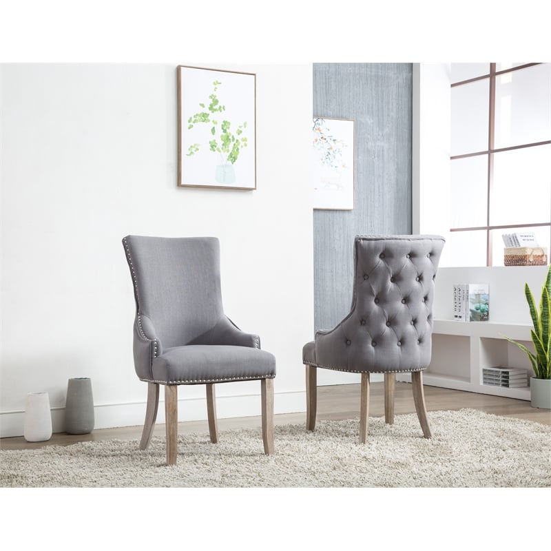 Tufted Rustic Linen Side Chairs in Gray with Wooden Gray Legs (Set of 2)