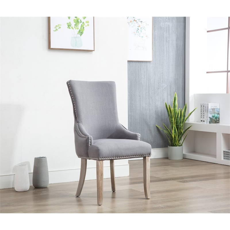 Tufted Rustic Linen Side Chairs in Gray with Wooden Gray Legs (Set of 2)