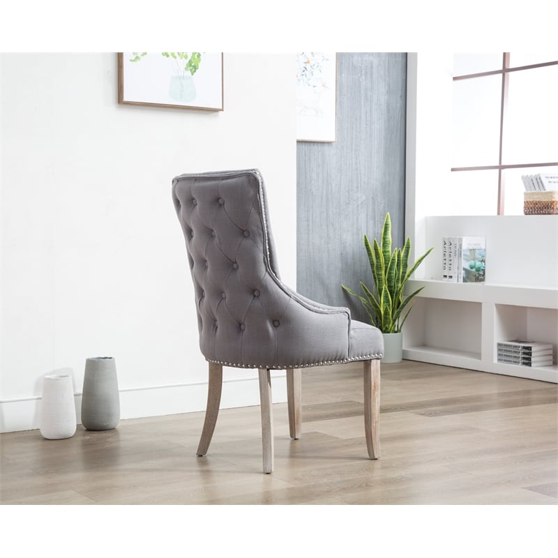 Tufted Rustic Linen Side Chairs in Gray with Wooden Gray Legs (Set of 2)