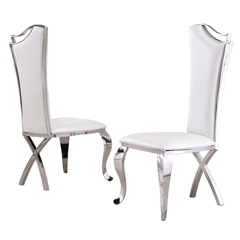Elegant White Faux Leather Side Chairs with Silver Stainless Steel (Set of 2)