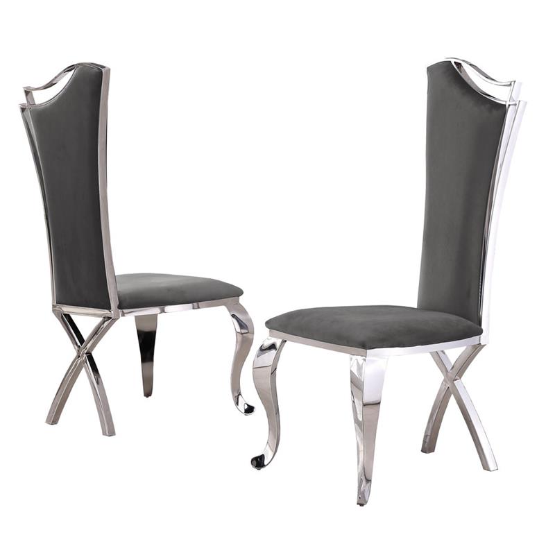 Elegant Dark Gray Velvet Side Chairs with Silver Stainless Steel (Set of 2)