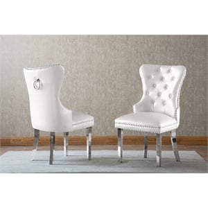 Tufted White Faux Leather Side Chairs with Silver Stainless Steel (Set of 2)