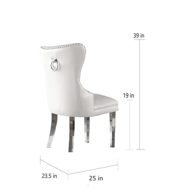 Tufted White Faux Leather Side Chairs with Silver Stainless Steel (Set of 2)