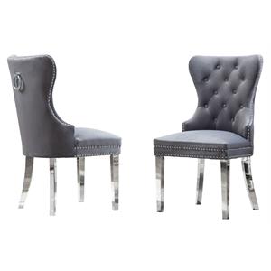Tufted Dark Gray Velvet Side Chairs with Silver Stainless Steel (Set of 2)
