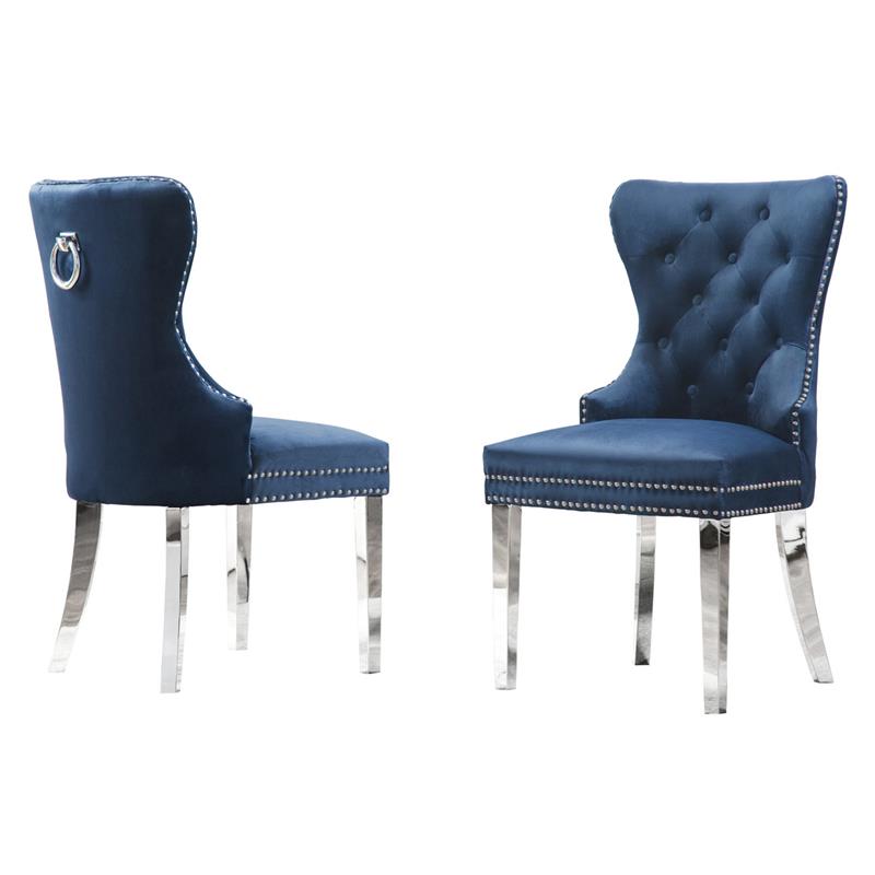 Tufted Navy Blue Velvet Side Chairs with Silver Stainless Steel (Set of 2)