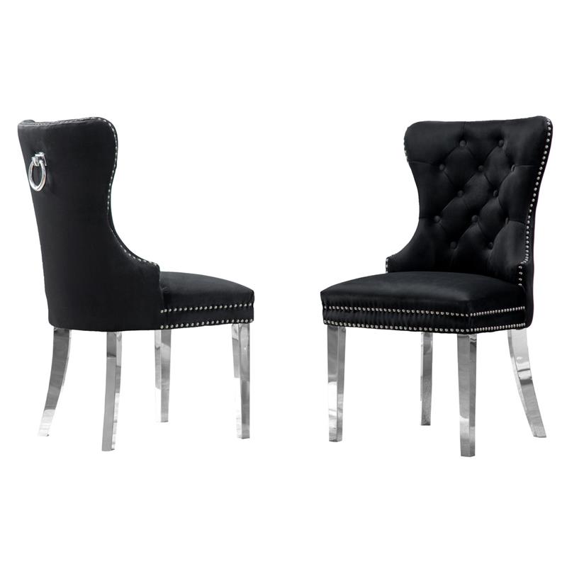 Tufted Black Velvet Side Chairs with Silver Stainless Steel (Set of 2)