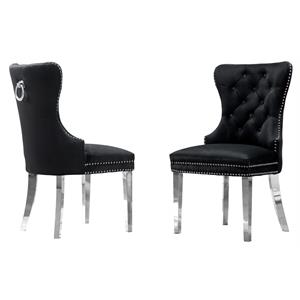 Tufted Black Velvet Side Chairs with Silver Stainless Steel (Set of 2)