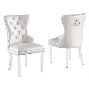 tufted white faux leather side chairs with clear acrylic legs (set of 2)