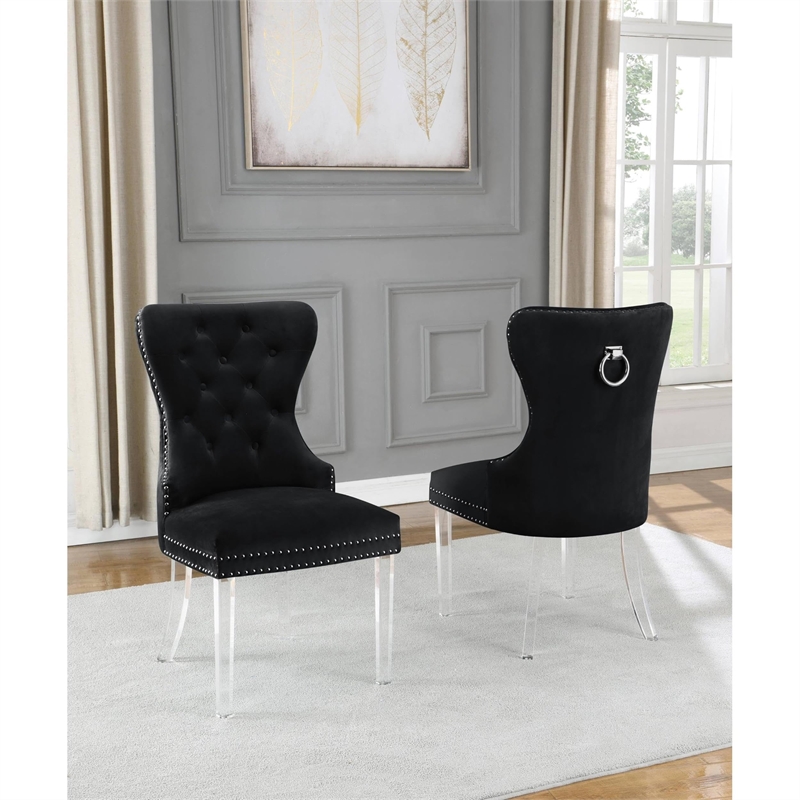 Tufted Dark Gray Velvet Side Chairs with Clear Acrylic Legs (Set of 2)