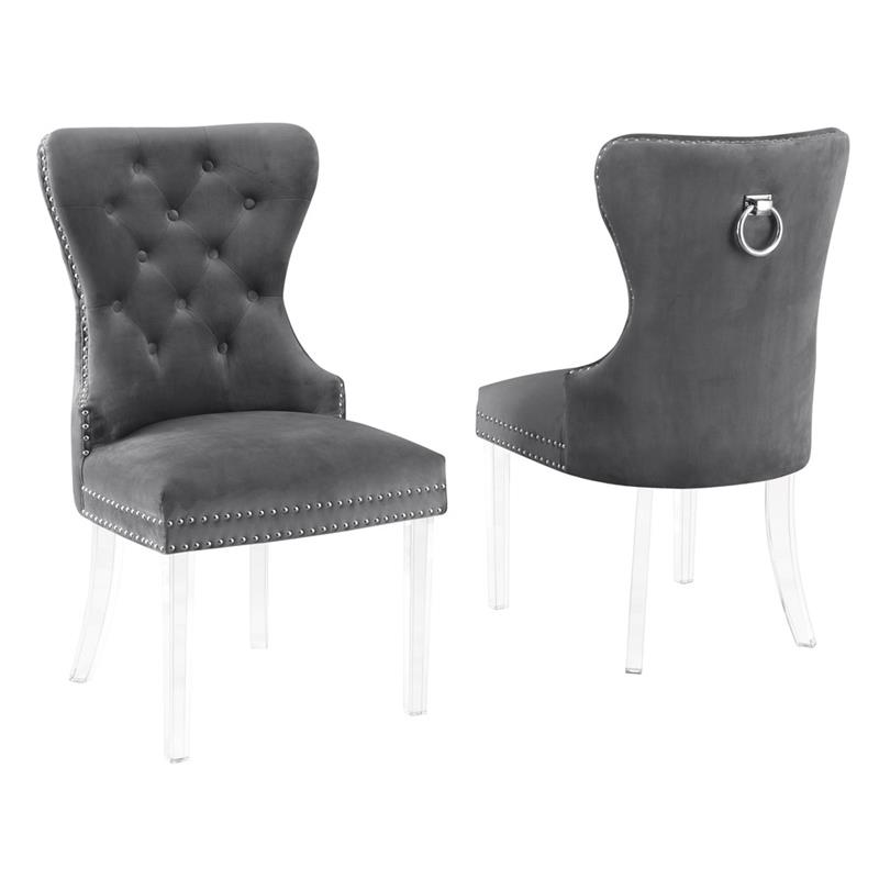 Tufted Dark Gray Velvet Side Chairs with Clear Acrylic Legs (Set of 2)