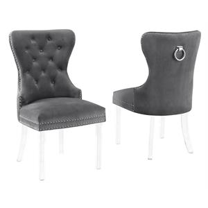 tufted dark gray velvet side chairs with clear acrylic legs (set of 2)