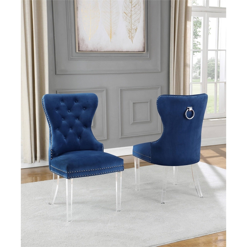 Tufted Navy Blue Velvet Side Chairs with Clear Acrylic Legs (Set of 2)