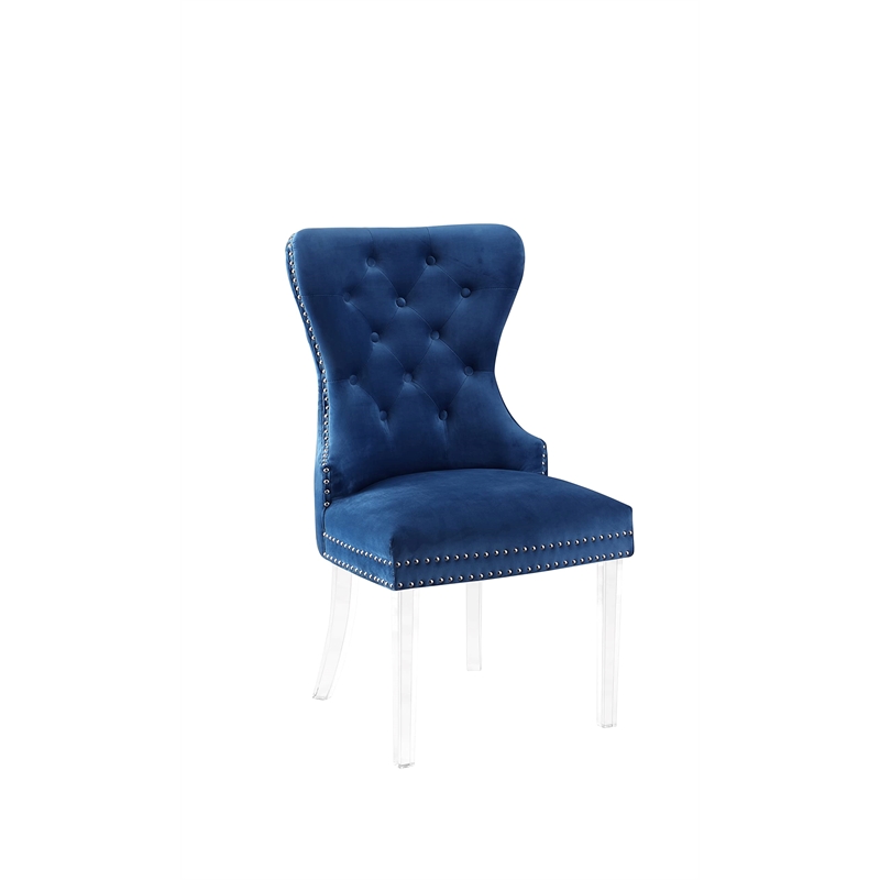 Tufted Navy Blue Velvet Side Chairs with Clear Acrylic Legs (Set of 2)