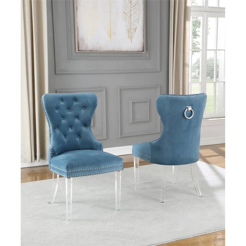 Tufted Navy Blue Velvet Side Chairs with Clear Acrylic Legs (Set of 2)