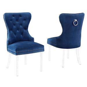 tufted navy blue velvet side chairs with clear acrylic legs (set of 2)