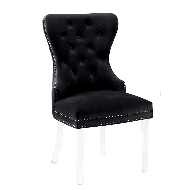 Tufted Black Velvet Side Chairs with Clear Acrylic Legs (Set of 2)