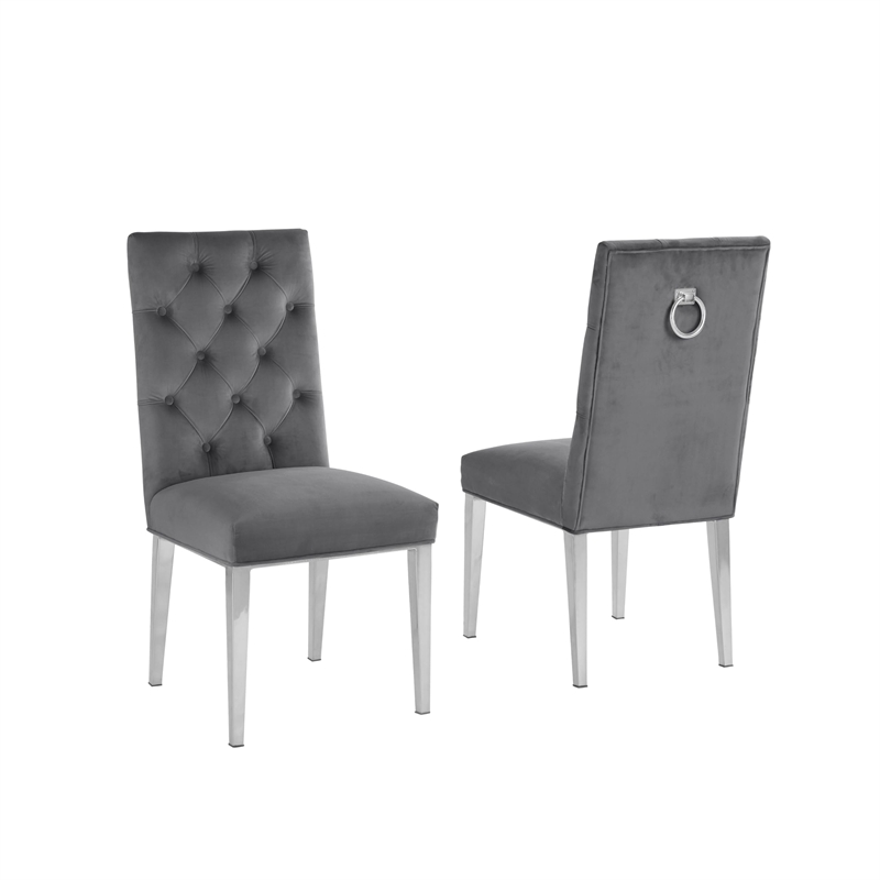 Velvet Tufted Side Chairs in Dark Gray with Silver Chrome Legs (Set of 2)