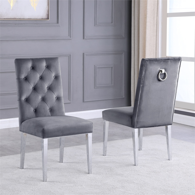 Velvet Tufted Side Chairs in Dark Gray with Silver Chrome Legs (Set of 2)