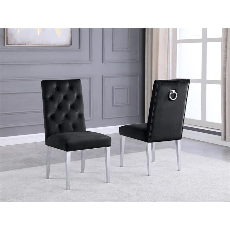Velvet Tufted Side Chairs in Black with Silver Chrome Legs (Set of 2)
