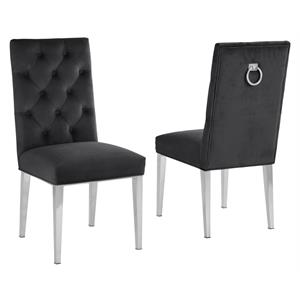 Velvet Tufted Side Chairs in Black with Silver Chrome Legs (Set of 2)
