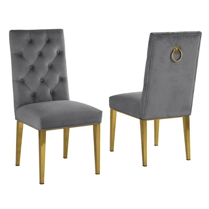 Velvet Tufted Side Chairs in Dark Gray with Gold Chrome Legs (Set of 2)