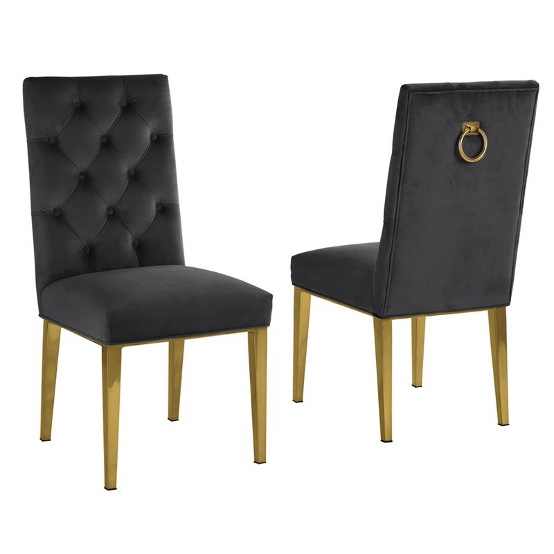Velvet Tufted Side Chairs in Black with Gold Chrome Legs (Set of 2)