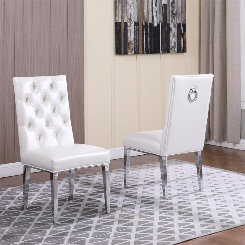 White Faux Leather Tufted Side Chairs with Gold Chrome Legs (Set of 2)