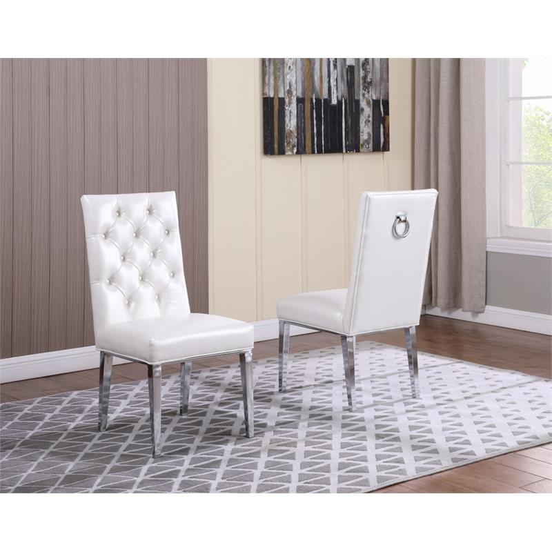 White Faux Leather Tufted Side Chairs with Silver Chrome Legs (Set of 2)
