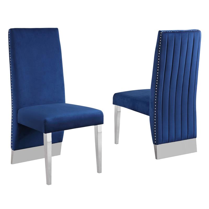 Navy Tufted Velvet Accent Side Chairs with Silver Chrome Detailing (Set of 2)