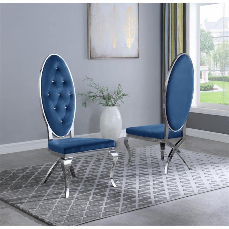 Tufted Velvet Dining Chairs in Navy Blue with Silver Stainless Steel (Set of 2)