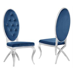 Tufted Velvet Dining Chairs in Navy Blue with Silver Stainless Steel (Set of 2)