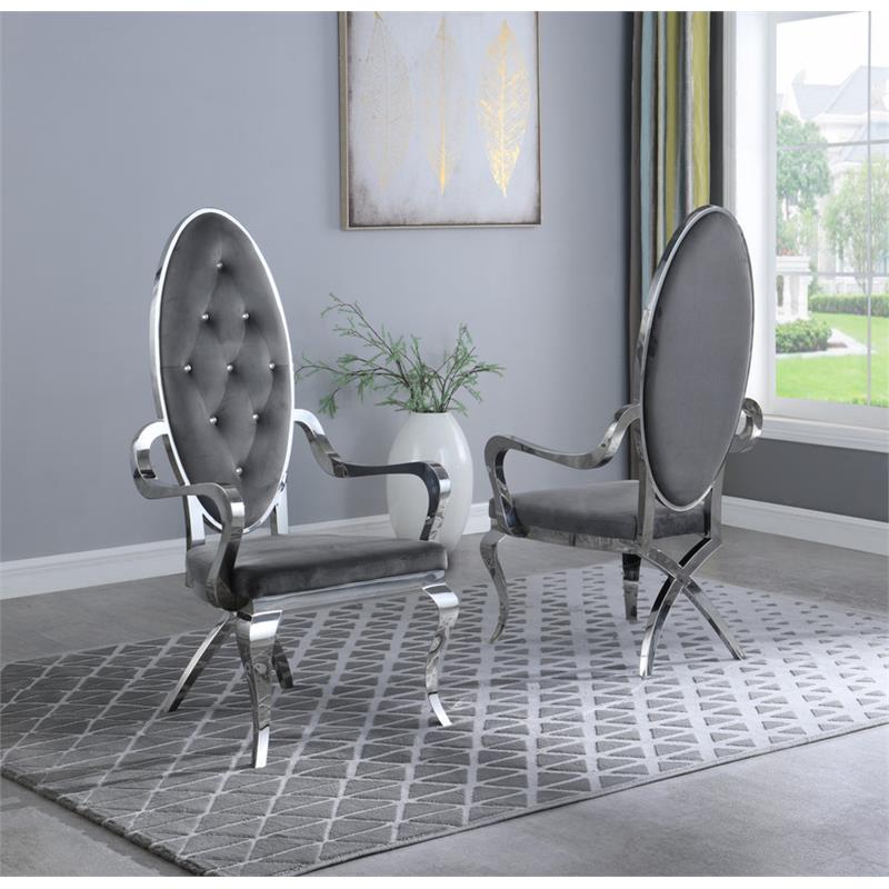 Tufted Arm Chairs in Dark Gray Velvet and Silver Stainless Steel (Set of 2)