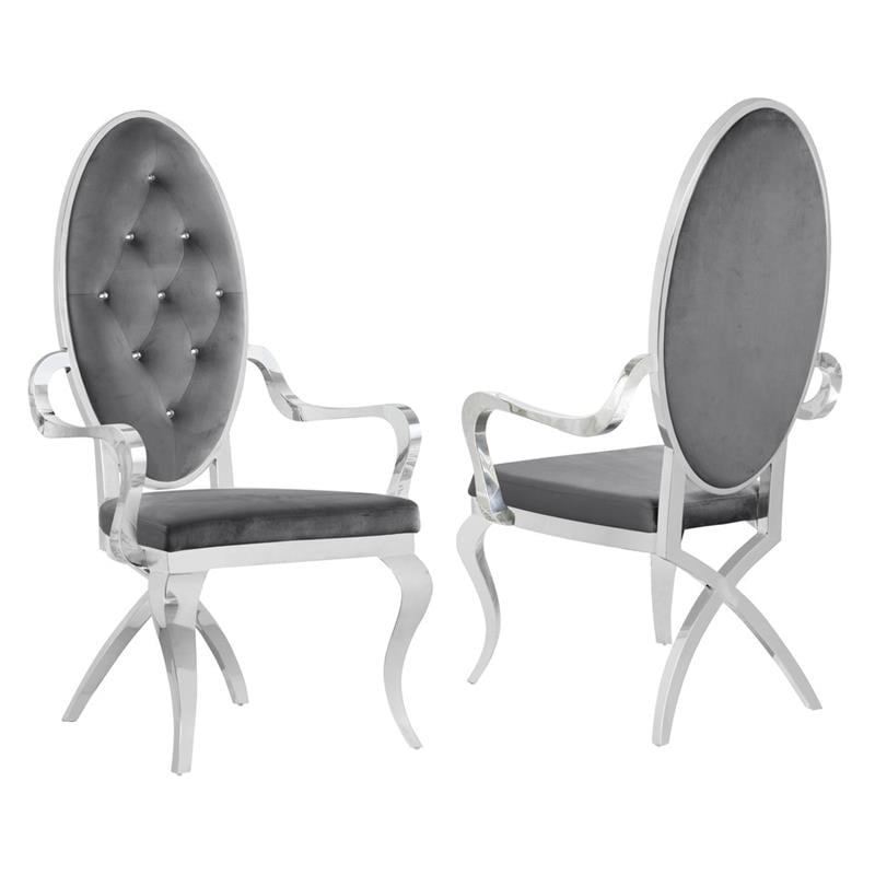 Tufted Arm Chairs in Dark Gray Velvet and Silver Stainless Steel (Set of 2)
