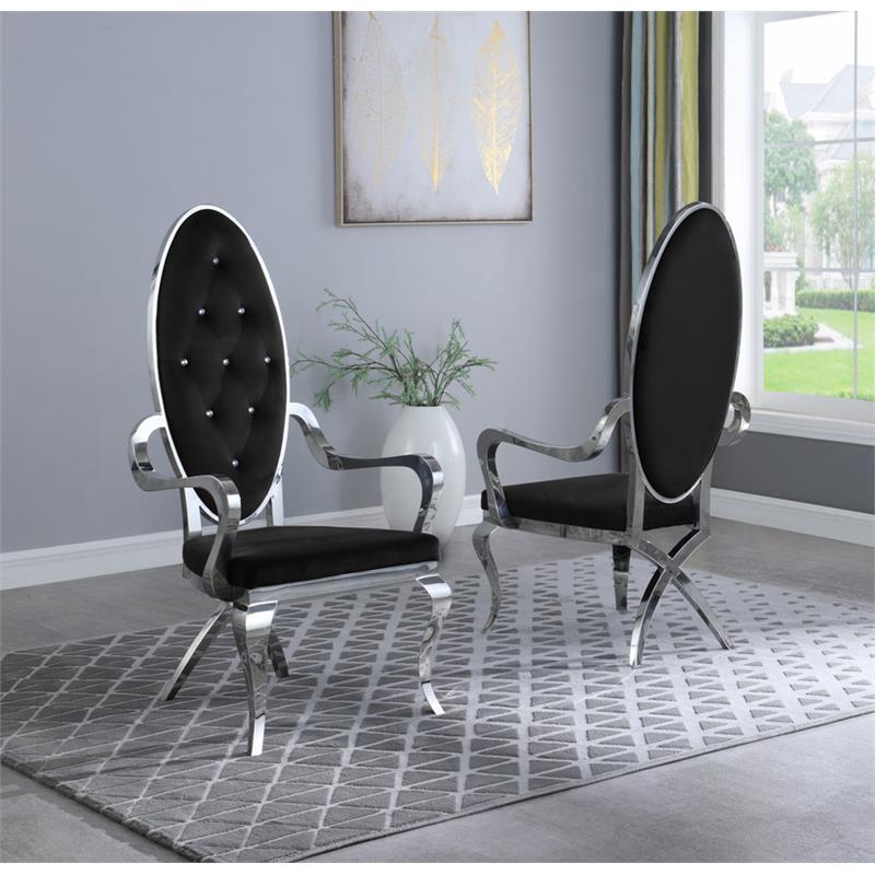 Tufted Arm Chairs in Black Velvet and Silver Stainless Steel (Set of 2)