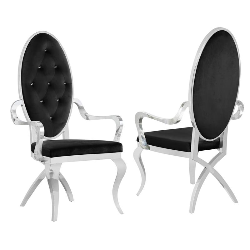 Tufted Arm Chairs in Black Velvet and Silver Stainless Steel (Set of 2)