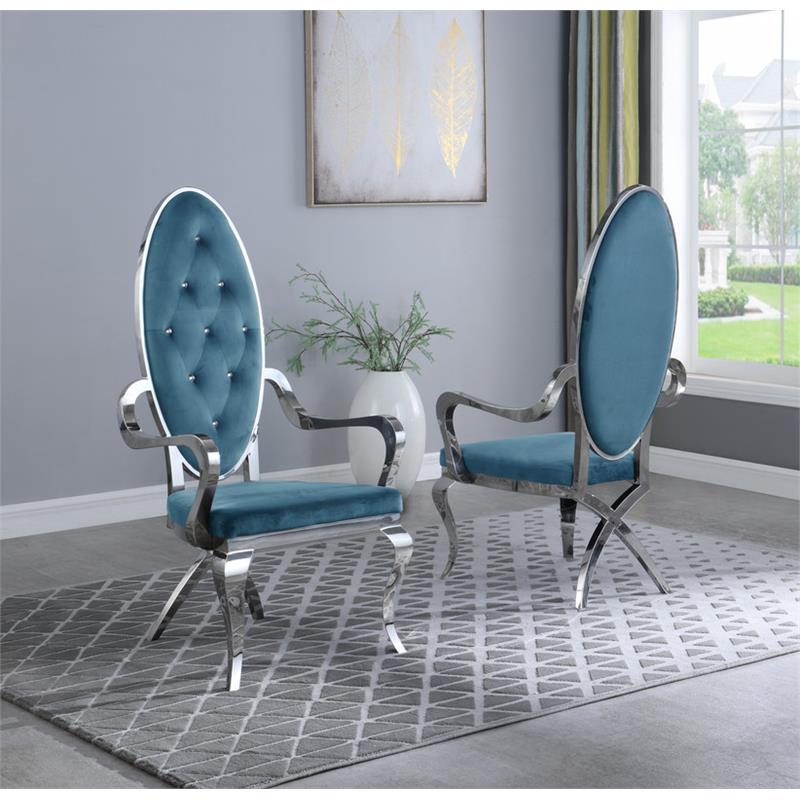 Tufted Arm Chairs in Teal Blue Velvet and Silver Stainless Steel (Set of 2)